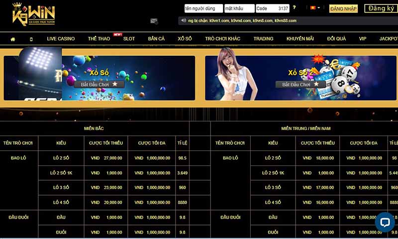 Casino online K9win là trang đặt cược xổ số, lô đề với nhiều lựa chọn